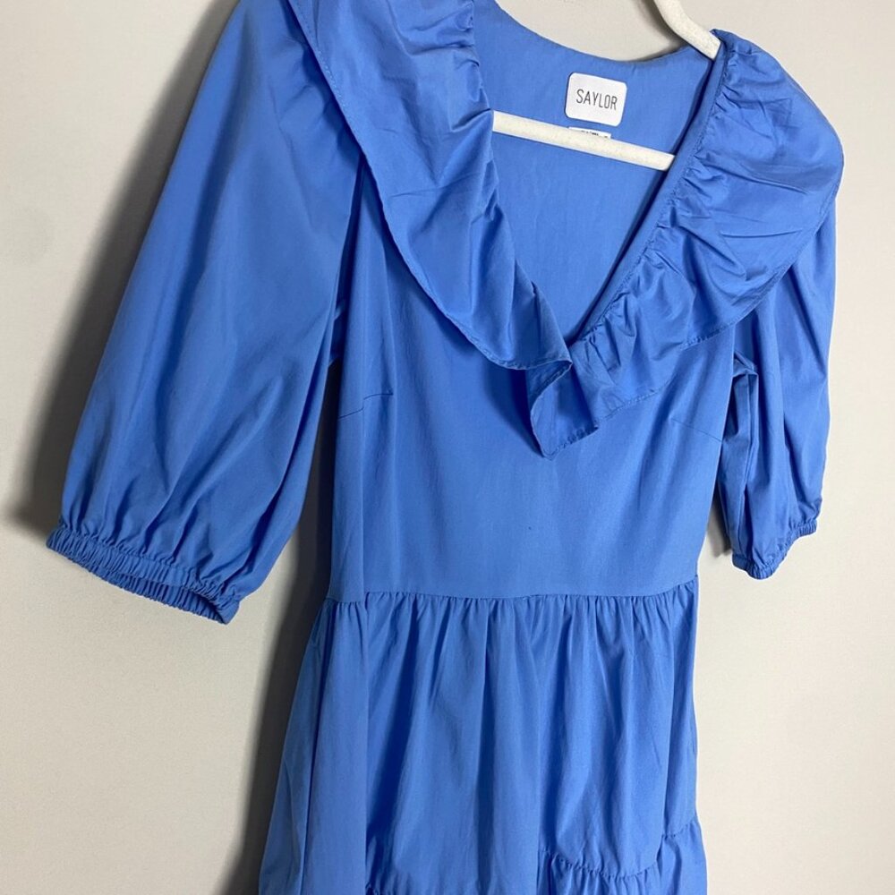 Saylor Zerina A Line Mini Dress Ruffle Blue Womens XS Tiered Puff Sleeves V Neck - Picture 4 of 9